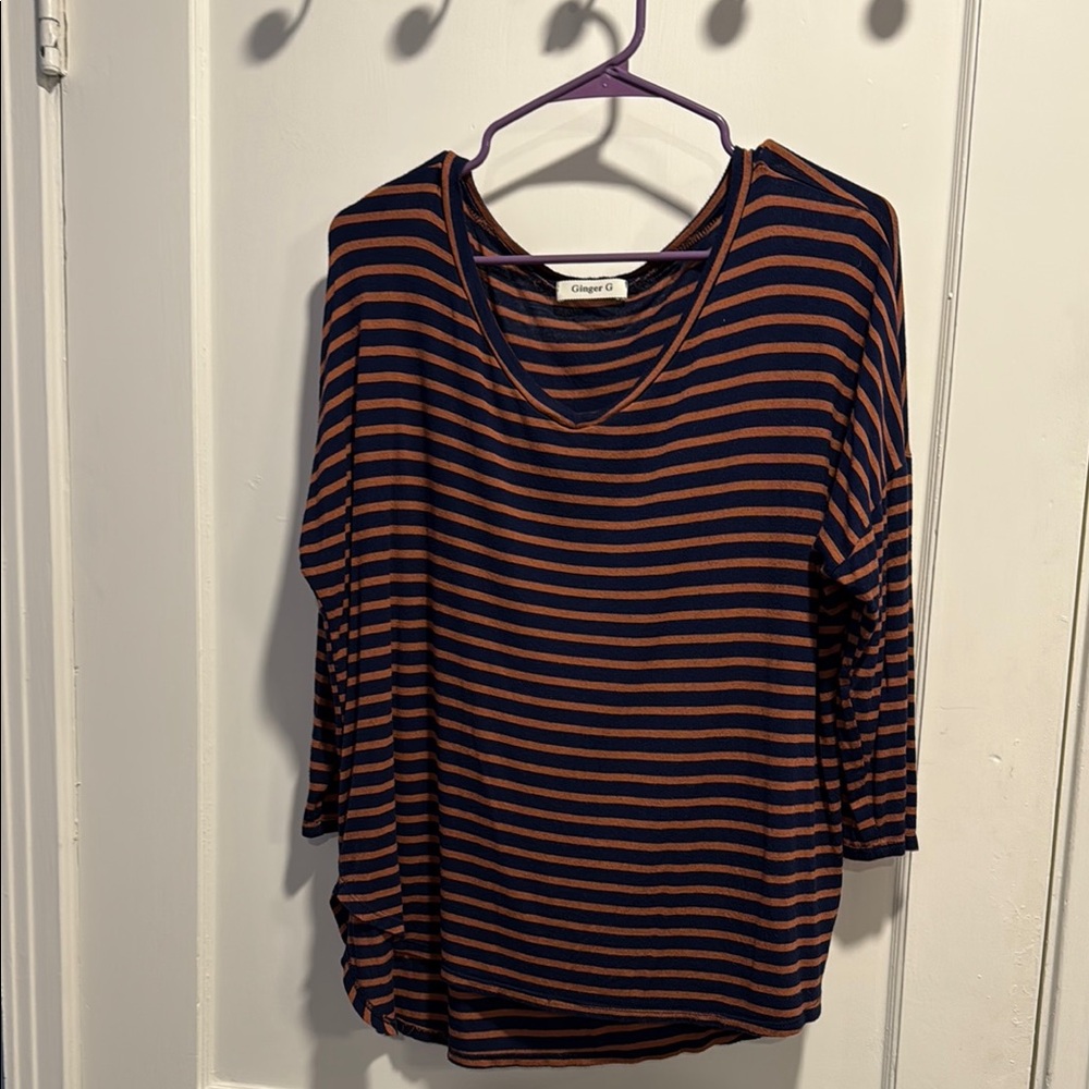 Ginger G Blue and Pink 3/4 Sleeve Relaxed Blouse